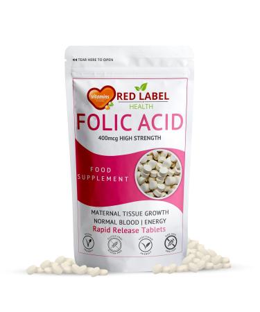 Red Label Health Folic Acid 400 mcg Tablets 60 Vitamin B9 Tablets (2 Month Supply) Folate Fertility Supplement for Women Vegan Vegetarian Supports Maternal Tissue Growth Made in The UK 1 count (Pack of 60)