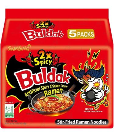 Samyang Buldak Hot Double (2x Spicy) Stir-Fried Korean Ramen Chicken Flavour Ramyun Noodles 140g (Pack of 5)