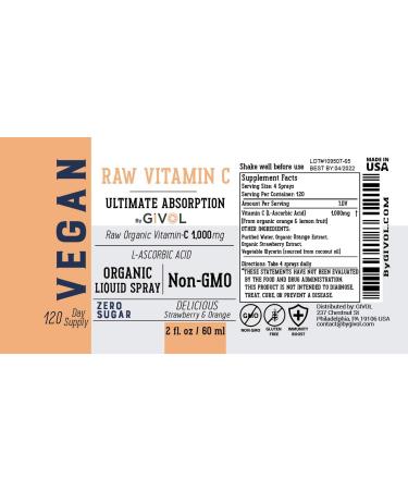 GIVOL Organic Raw Vitamin C Mist - Extra Strength L-Ascorbic Acid Liquid Extract for Kids & Adults - Immune Boost - Vegan - Easy Absorption - Orange/Strawberry Flavor - Non-GMO - 2 oz - Buy Online on GoSupps.com