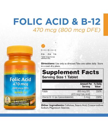 Thompson Folic Acid Plus B-12 800 mcg - 30 Tablets | Supports Energy & Wellness - Buy Online on GoSupps.com