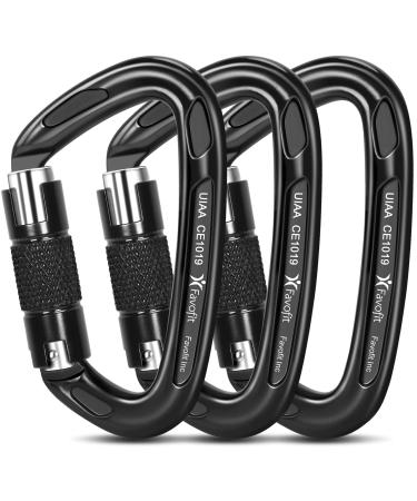 Favofit UIAA Certified Climbing Carabiners, 3 Pack, 25KN (5620 lbs) Heavy Duty Large Locking Carabiner Clips for Rock/Ice Climbing Rappelling Rescue Swing etc, Black