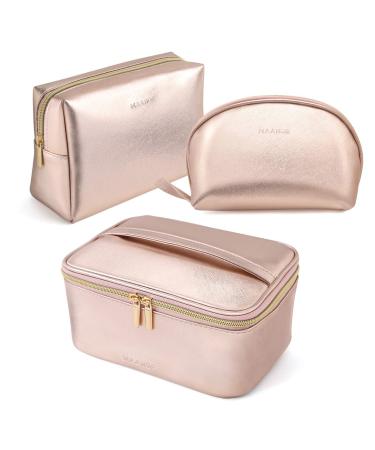 MAANGE 3 Pcs Makeup Bag Portable Travel Cosmetic Bag Large Makeup Bag Organizer with Gold Zipper Waterproof Toiletry Bags for Women and Girls(Rose Gold)