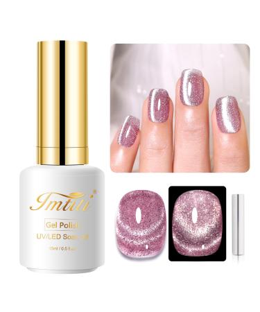 Imtiti Pink Cat Eye Gel Nail Polish 15 ml Glitter Pink Holographic Reflective Sparkle Flash UV Soak Off Gel Nail Polish with Magnetic Stick 1 Piece