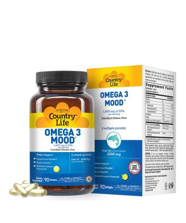 Country Life Omega 3 Mood 2000mg Fish Oil with EPA & DHA Brain Heart & Mood Support Lemon Flavored No Fishy Aftertaste Certified Gluten Free Non-GMO 90 Softgels