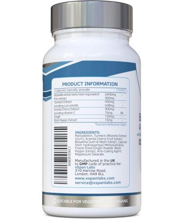 Boswellic Acid & Curcumin Booster Complex - 90 Capsules, 1 Month Supply | 95% Curcumoids, 65% Boswellic Acid | Ginger, Acerola Cherry, Black Pepper - Buy Online on GoSupps.com