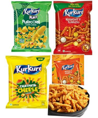 Kurkure Mix Perfect for Snacking (Pack Of 4) Delicious Tasty And Twisty Treat Tea Snacks Share With Family And Friends Sold By Kidzbuzz (Kurkure Yummy Cheese Puffcorn)