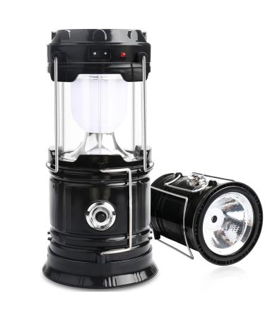 2 Pack LED Camping Lantern Solar Lantern, Collapsible Solar Camping Lights, Rechargeable Flashlights Portable Survival Light for Hurricane, Emergency, Power Outages, Hiking, Fishing Black 2 Pack
