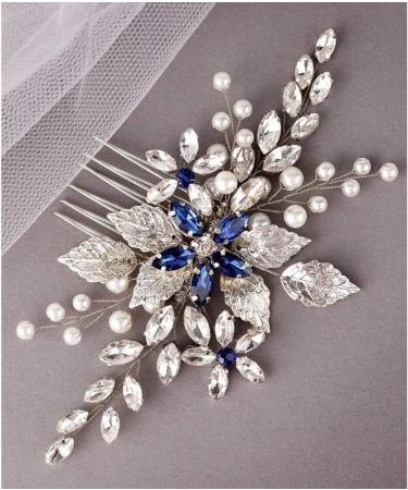 Headwear accessories Bridal Sapphire Crystal Hair Comb Pearl Blue Crystal Leaf Marquise Hair Piece Prom Party Festival Wedding Hair Accessories for Women and Girls (Silver) - Buy Online on GoSupps.com
