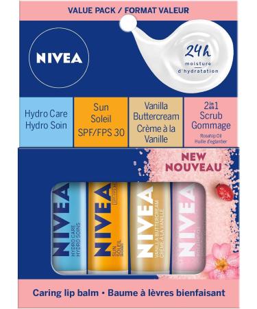 NIVEA Hydrating Caring Lip Balm Moisturizer Gift Pack | 24H Intensive Moisture | For Lasting Soft Smooth Lips | Includes NIVEA Sun SPF30 Lip Balm Hydro Care Lip Balm | 4x4.8g Stick - Buy Online on GoSupps.com