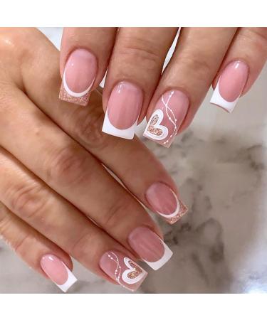 24pcs French False Nails Short Stick on Nails White Tip Press on Nails Glitter Pink & Heart Design Removable Glue-on Nails Fake Nails Women Girls Nail Art Accessories 0235Y54