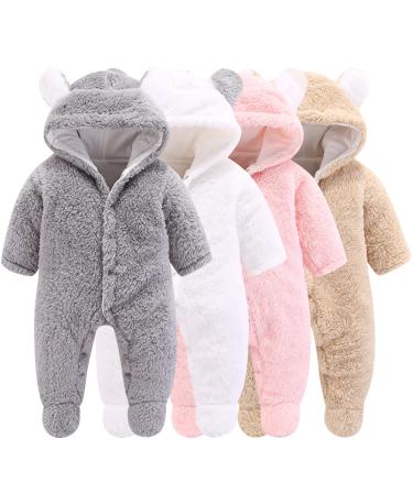 Newborn Baby Cartoon Bear Snowsuit Winter Coat Fleece Hooded Romper Jumpsuit 0-3 Months Grey