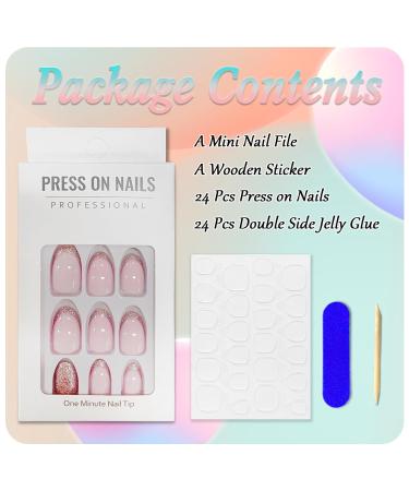 24 Pieces Short Almond Artificial Nails - French Pink Glossy Acrylic Press-On for Women & Girls - 12 Sizes for Party & DIY - Buy Online on GoSupps.com