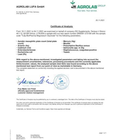 Hepatica Magnesium Glycinate 2000mg per serving 120 Capsules Certificate of Analysis from AGROLAB Germany pure no fillers or excipients - Buy Online on GoSupps.com