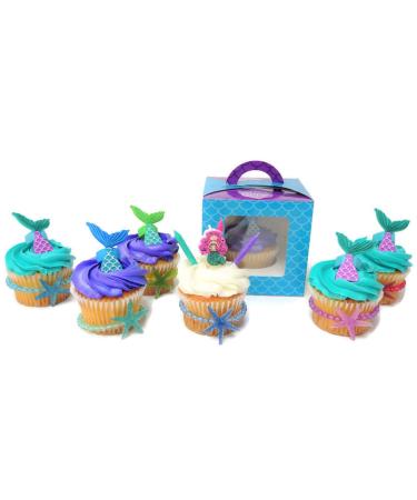 Mermaid Cupcake Toppers Party Favors Supplies- 12 Cupcake Boxes 12 Tail Rings 12 Star Fish Bracelets Birthday Candles and Birthday Button