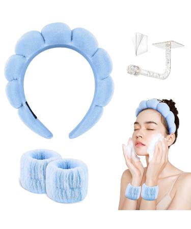 Yeabininee Spa Headbands Washing Face Headband Makeup Skincare Headband Wristband Set Blue Fluffy Hairbands Coral Velvet with Hanging Hook Women Gifts