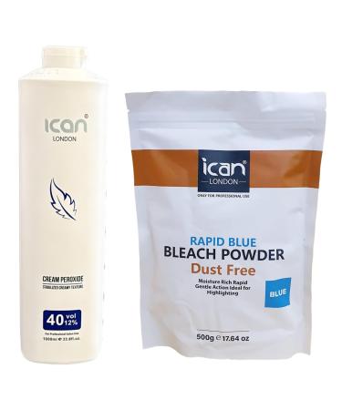 ICAN LONDON PROFESSIONAL CREAM PEROXIDE 40 VOL 12% 1L + RAPID BLUE POWDER BLEACH RESEALBLE BAG 500 G COMBO SET