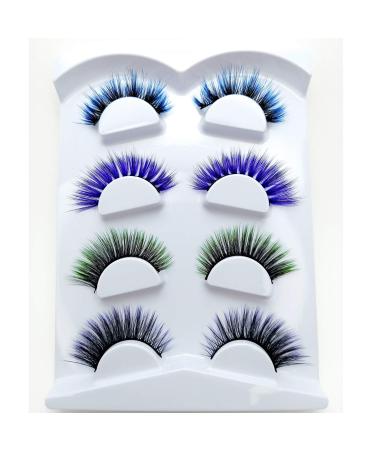 Fake Colored Eyelashes (4 pairs) - Natural 3D Looking Reusable Eye Lashes Extension for Halloween - Cruelty-Free (# 3 - Dark/blue Purple/Black Black/Green Dark Purple)