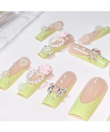 Buy BABALAL Long Press on Nails - 24Pcs Squoval Green French Nails with 3D Flower Charm & Jeweled Design - Handmade Acrylic Glue-ons for Stunning Manicure - Buy Online on GoSupps.com