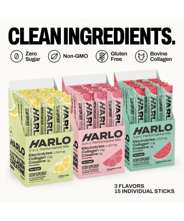 Harlo Electrolytes Powder Stick Packs 3-in-1 High Sodium Hydration for Intense Training | with Creatine & Collagen | Zero Sugar | Salty by Design | Watermelon Salt (15 Stick Packs) - Buy Online on GoSupps.com