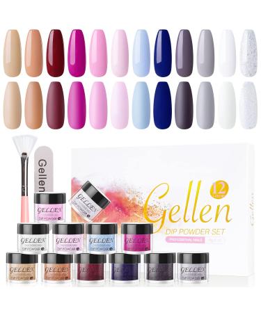Gellen Dip Powder Nail Kit, 12 Colors Acrylic Dipping Powder Nail Kit, Nail Dip Powder Starter Kit, French Manicure Essential Tool Set, DIY Home Salon Nail Art Kit, Sweet Night Nail Colors