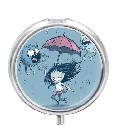 Pill Box Pill Case 3 Compartment Travel Pill Box Two Cartoon Monsters Printing Small Pill Box Portable Medicine Pill Case Pill Organizer for Purse & Pocket for Travel Handbag (Round)