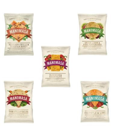 Manomasa Tortilla Chip Pick N Mix - Choose From 5 Flavours | Manchego & Green Olive & Lemon Serrano Chilli & Yucatan Honey Tomatillo Salsa Chipotle Lime Tortillas with Spirit - Pack of 5 x 140g 140 g (Pack of 5)