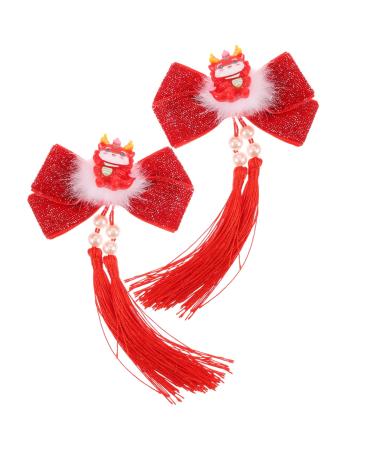 Beavorty Hair Clips 1 Pair Year of The Dragon Hairpin Hair Pin Hair Clip Hair Barrettes Tassel Clips for Hair Asian Hair Accessories Tassel Hairpin Bow Tie Pair Clip Women's Fabric