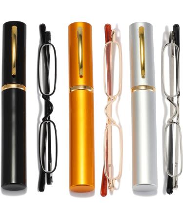 Ultra Small Reading Glasses 3 Pairs 1.5 - Slim Pocket Readers with Metal Case and Pen Clip - Spring Hinge - Men Women - Buy Online on GoSupps.com