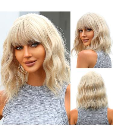 Esmee Short Wave Light Blonde Bob Wigs With Bangs Shoulder Length Wig Curly Wavy Synthetic Cosplay Wigs for Women Light Blonde 14 Inch (Pack of 1)