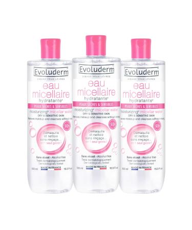EVOLUDERM - Micellar Cleansing Water for Dry & Sensitive Skin - 500 ml - 93% Natural Origin - Vegan - Made in France - Pack of 3 x 500 ml