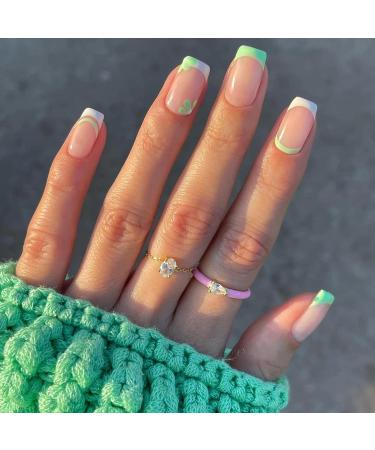 JUSTOTRY 24 Pcs Green Floral Square Short False Nails with Glue - Cute Press On Nails for Women - Buy Online on GoSupps.com