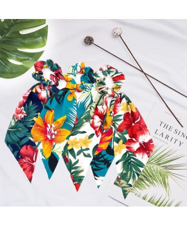 Sunaction Tropical Style Chiffon Floral Scrunchie Scarf Set - 12 Pcs Ponytail Holders with Bows | Flower Pattern Hair Scarf Scrunchies - Buy Online on GoSupps.com