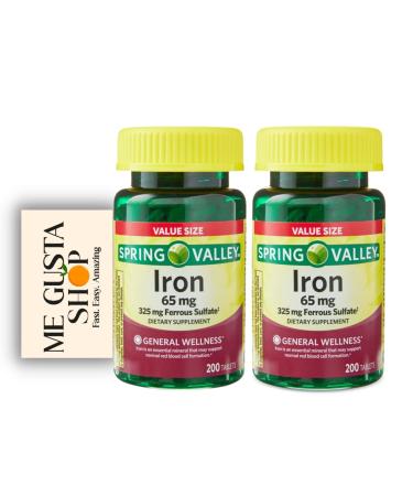 Spring Valley Iron Tablets Dietary Supplement Value Size 65 mg 200 Count (Pack 02) 400 Total + Me Gustas Sticker