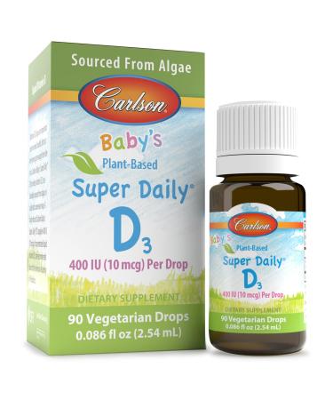 Carlson - Baby's Plant-Based Super Daily D3, Baby Vegetarian Liquid Vitamin D Drops, 400 IU (10 mcg) per Drop, Sourced from Algae, for Infants and Toddlers, Unflavored, 90 Drops (2.54 mL)