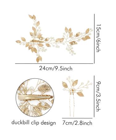 Golden Leaf Pearls Alligator Hair Clips & U-Shaped Pins - 5 Pack Wedding Headpiece Set - Buy Online on GoSupps.com