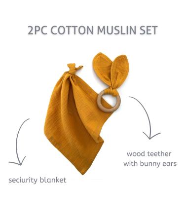 Organic Cotton Security Blanket & Bunny Ears Teething Ring Set for Babies | 100% Muslin Fabric & Wooden Teether in Yellow - Buy Online on GoSupps.com