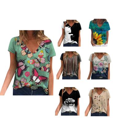Floral Shirts for Women Short Sleeve V Neck Printed Tees Vintage Summer Tunic Loose Fit Blouses Soft Comfy Shirt X-Large 04-green