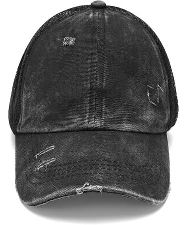 Criss Cross Washed Distressed Baseball Cap - Black Ponytail Hat for Women - Buy Online on GoSupps.com