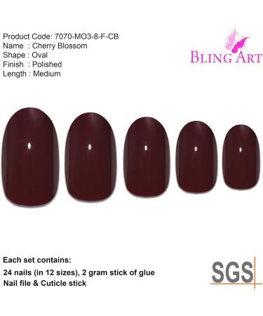 Bling Art Oval False Nails Fake Acrylic Gel Glossy Matte Polished Glitter Full Cover 24 Medium Tips Glue (Cherry Blossom) - Buy Online on GoSupps.com