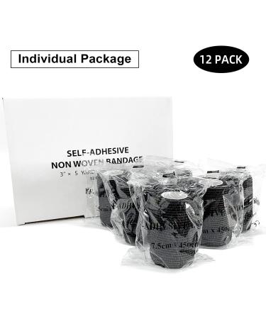 Self Adhesive Bandage Wrap 3 Inch x 5 Yards - 12 Pack, Black - Breathable Cohesive Tape for Sprains & Swelling - Buy Online on GoSupps.com