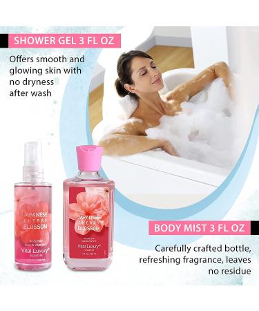 Japanese Cherry Blossom Luxury Bath & Body Kit - 3oz Gift Set for Home Spa - Body Lotion, Shower Gel, Cream & Fragrance Mist - Buy Online on GoSupps.com