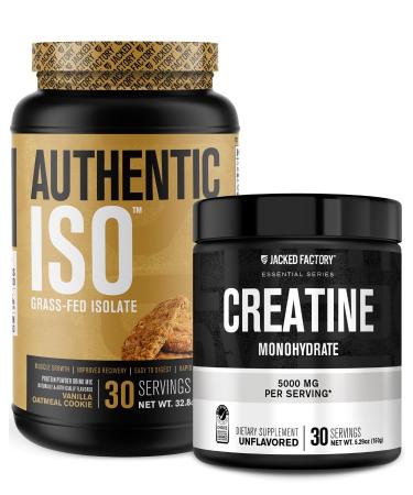 Jacked Factory Authentic ISO Grass Fed Whey Protein Isolate Powder - Low Carb Non-GMO Muscle Building Protein (30 Servings Vanilla Oatmeal Cookie) Creatine Monohydrate Powder (30 Servings)
