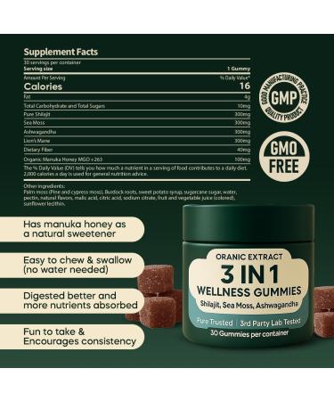ORANIC EXTRACT 3IN1 Shilajit Wellness Gummies, Ashwagandha, Sea Moss, Energy & Immune Support for Man & Women, Trace Mineral & Fulvic Acid Rich, Organic, Vegan, Non-GMO, 30 Gummies - Buy Online on GoSupps.com
