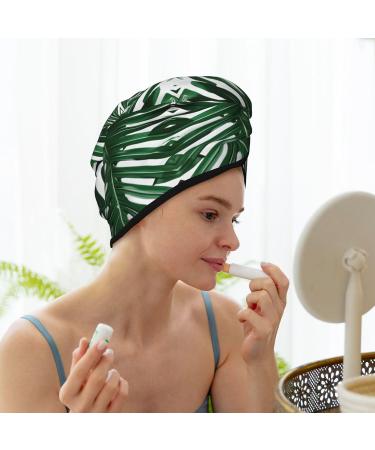 Green Palm Leaf Coral Velvet Hair Drying Cap with Buttons - Anti-Frizz for Curly Long & Thick Hair - Buy Online on GoSupps.com
