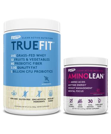 RSP NUTRITION AminoLean Pre Workout Energy (BlackBerry Pomegranate 30 Servings) with TrueFit Protein Powder (Vanilla 2 LB)
