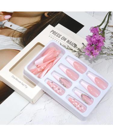 Super Long French Fake Nails with White Flowers Rhinestones - 24PCS - Buy Online on GoSupps.com