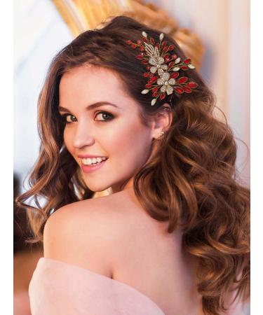 IYOU Crstal Wedding Hair Clip Flower Red Barrette Headpiece Rhinestone Hair Combs Prom Bridal Hair Accessories for Women - Buy Online on GoSupps.com