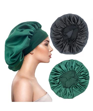 Eupinduo 2 pieces satin sleeping cap bonnet hair hood curly hood for sleeping hair hood for the night enlarged high elastic width creme soft female satin hood sleep black dark green