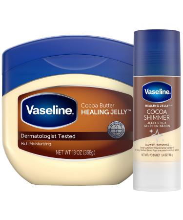 Vaseline Rich Moisturizing Healing Jelly Cocoa Butter, 13 oz Bundled with Cocoa Shimmer Jelly Stick, 1.4 oz. Provides Radiant and Shimmering Moisturized Skin with Pleasant Cocoa Butter Scent