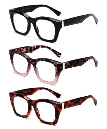 JM 3 Pack oversized square reading glasses for women fashionable blue light blocking computer reading glasses in Oprah-style 3-Pack 1.5 x